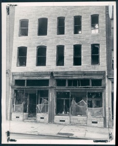 Fire gutted buildings remain in 1969. Baltimore Sun